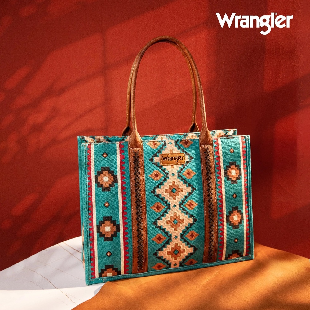 Wrangler Southwestern Pattern Dual Sided Print Canvas Wide Tote Turquoise